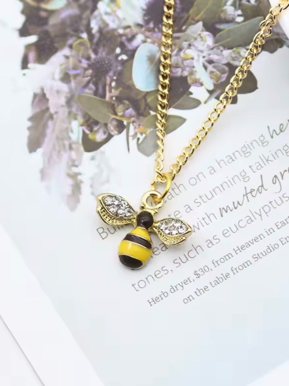 Gold Platted Bee Pendant Necklace with Yellow & Black Enamel